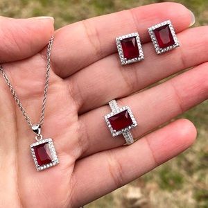 HOST PICK🏅925 STERLING SILVER EMERALD CUT RUBY CZ SET
